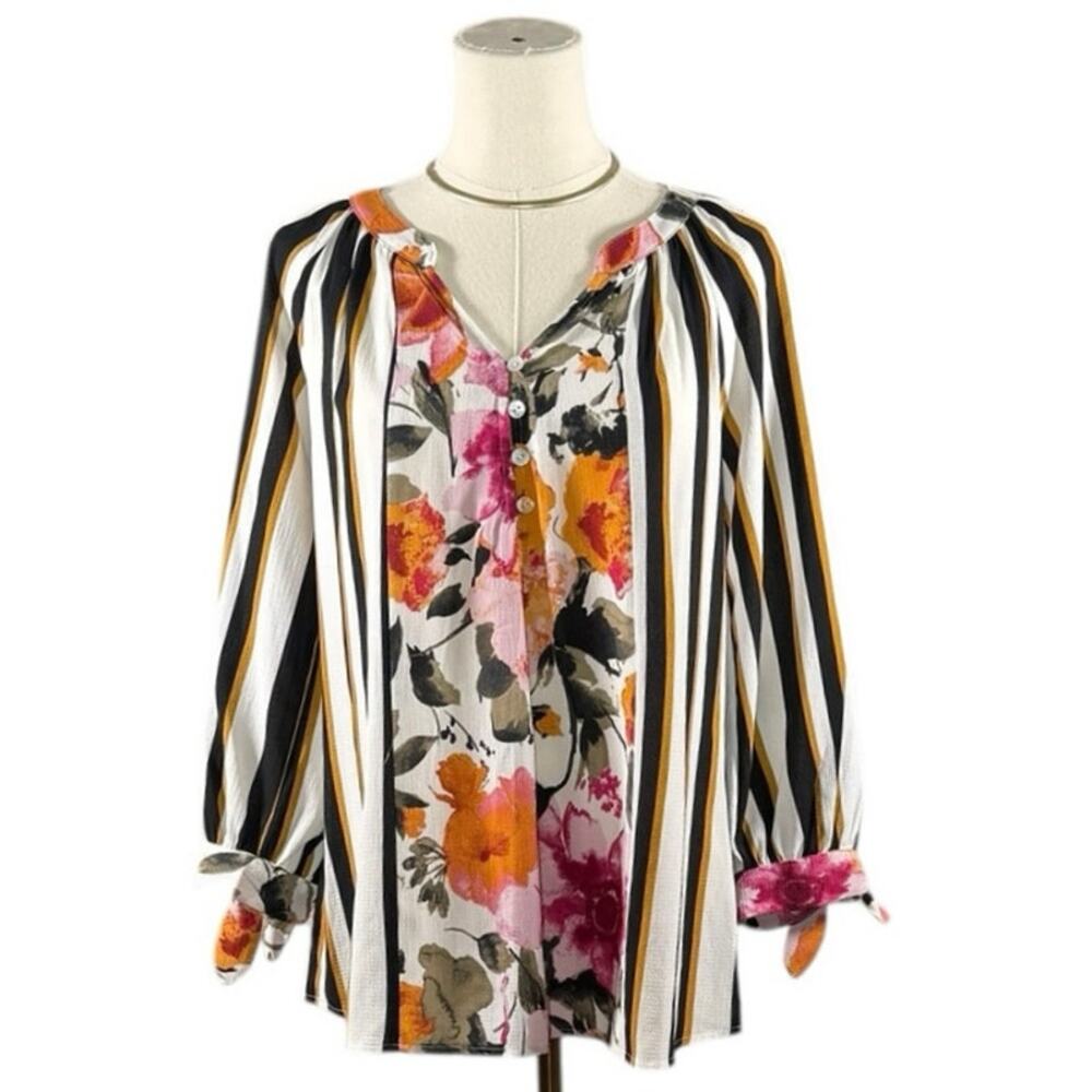 Fig & Flower Striped Floral Blouse Mixed Print Boho Peasant Top Size Small